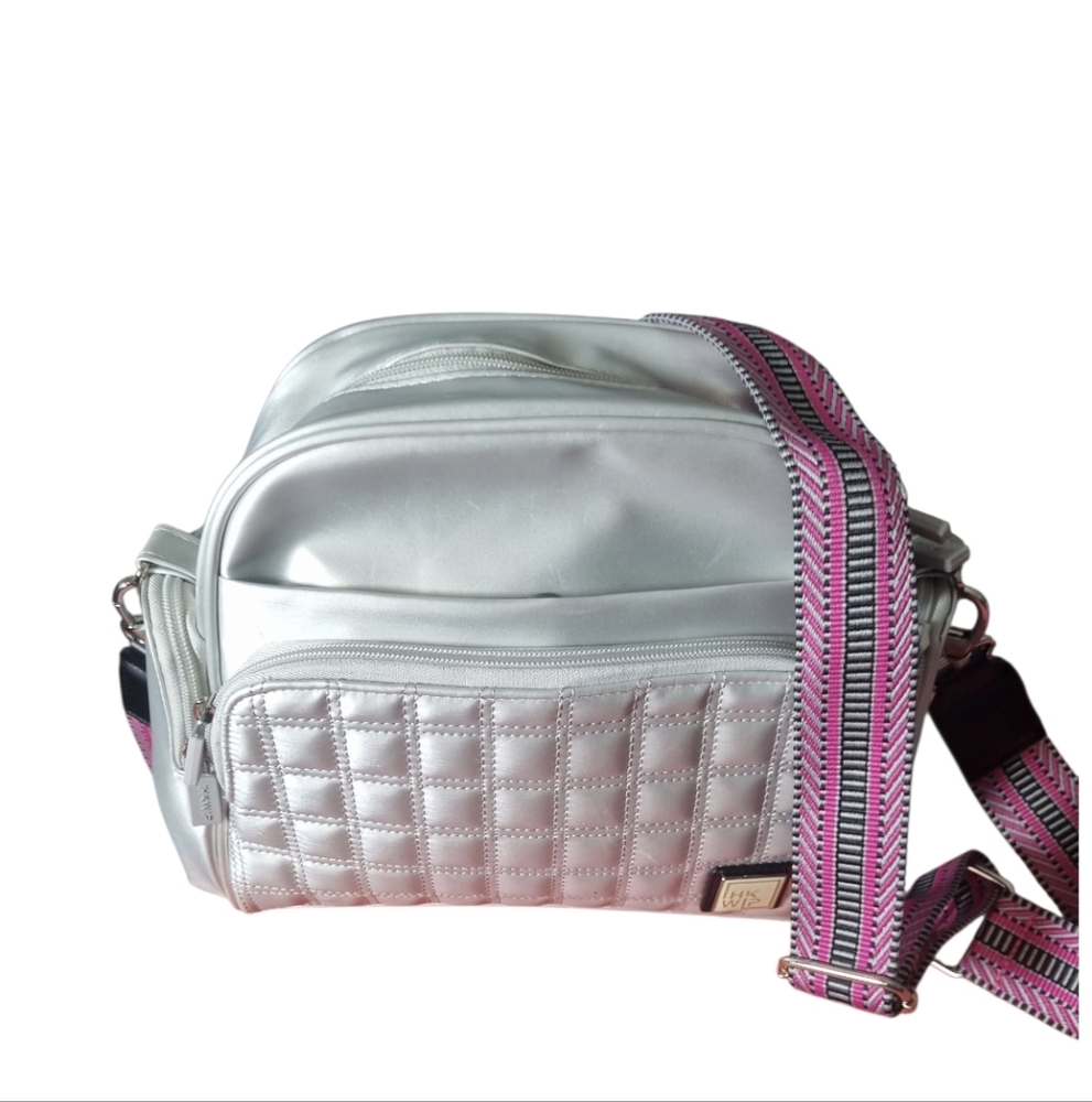 Elegant White Quilted Crossbody Bag with Pink Strap